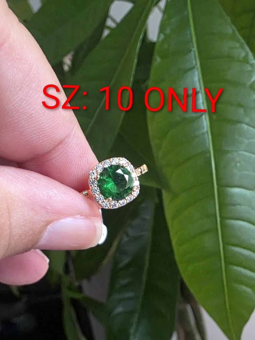 14k Gold Plated Ring with Emerald Green Centerstone and Halo